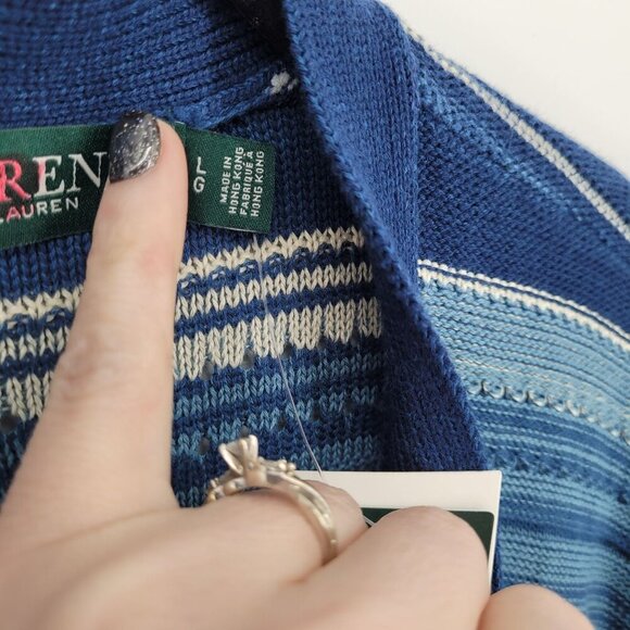 Lauren Ralph Lauren womens Large Blue Stripe knit open front fringe cardigan NWT - Picture 6 of 13